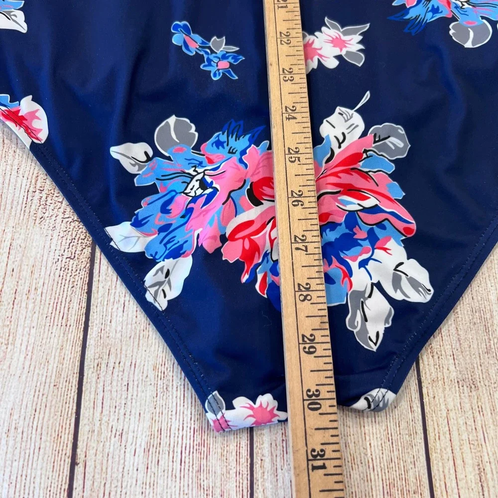 Ekouaer‎ Womens Floral Ruffle Off The Shoulder One Piece Swimsuit Navy Blue XL